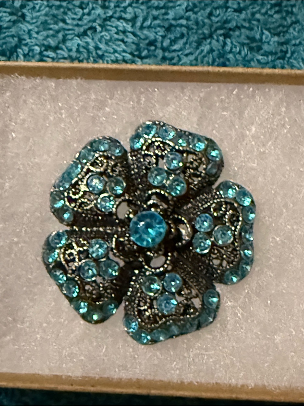 Vintage Filigree Style Floral Brooch featuring a center electric-blue rhinestone